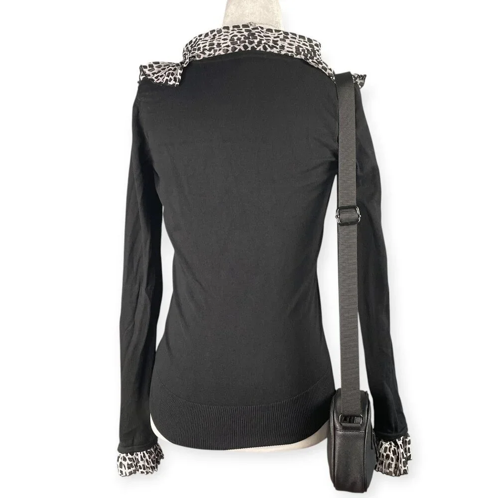 White House Black Market Womens Small Black Silk Blend Ruffle Long Sleeve Blouse - Picture 2 of 7